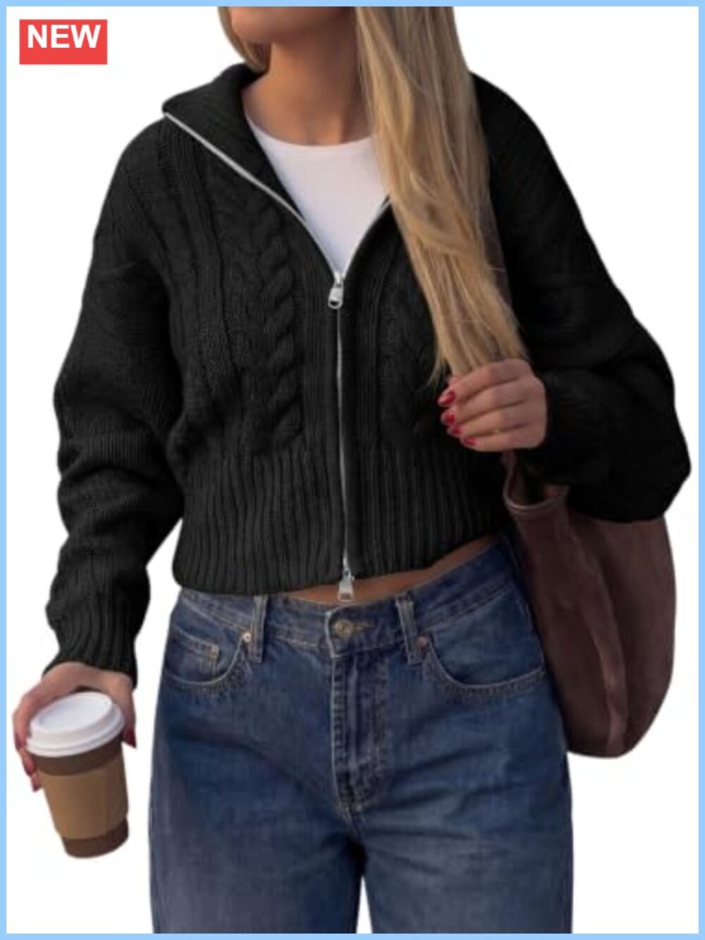 Women's Zip Up Cable Knit Cardigan Cropped Sweater Fall Jacket